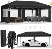 Gazebo pieghevole 3 x 6, 3 x 6 m, impermeabile, resistente all'inverno, stabile gazebo da giardino con 6 sacchi di sabbia e 4 parti laterali, pop-up, UV50+, per feste, matrimoni, picnic (Nero)