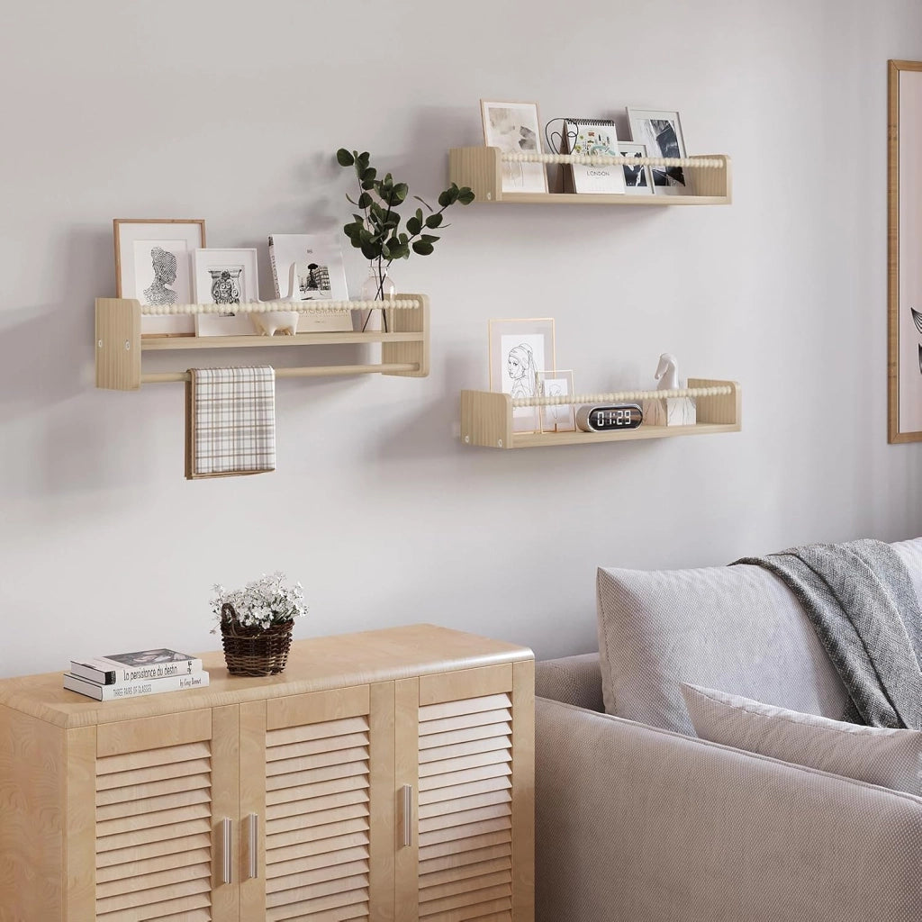 Librerie per Bambini da Parete in Legno Massello, 60 cm Set di 3 Porta Libri per Cameretta, Scaffale Libri per Bambini, Librerie da Parete Piccole con Perline