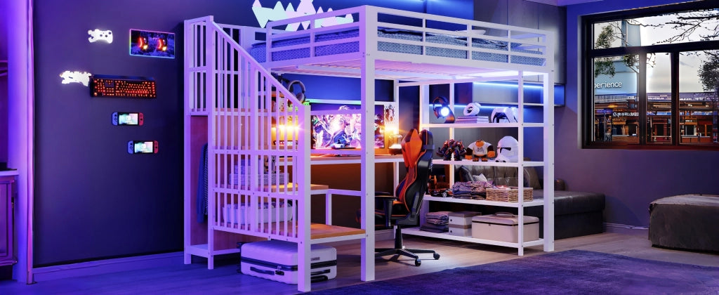 Letto a soppalco 140 × 200 cm con scala contenitore, LED, prese e scrivania, senza materasso, in metallo, bianco
