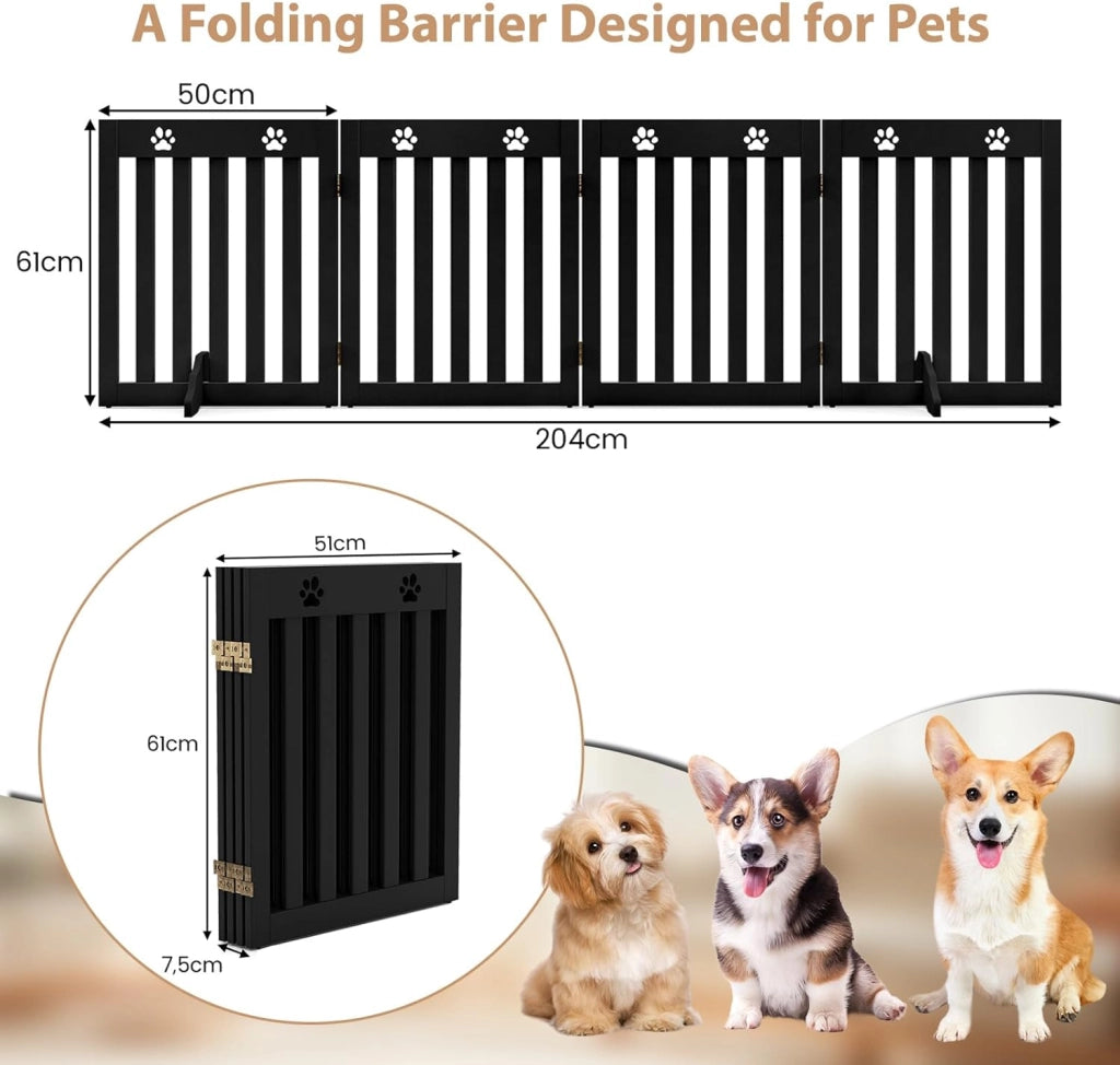 Cancelletto per Cani Pieghevoli 204 x 60 cm, Barriera per Cani in Legno a 4 Pannelli con Piedini Stabili, Recinzione per Scale, Ingressi e Corridoi (Marrone)