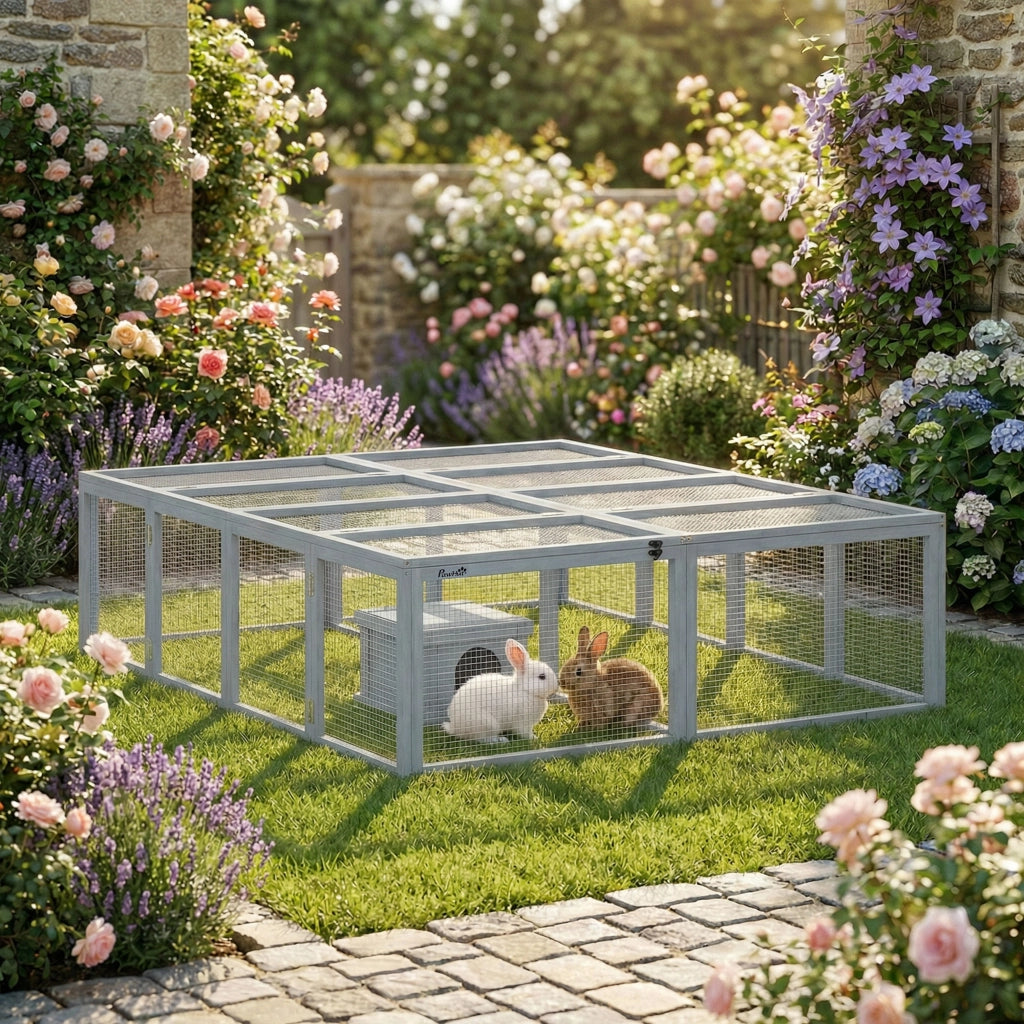 Gabbia per conigli in legno con 2 porte e rifugio ¨C zephmum ¨C grigio 180x150x48 cm