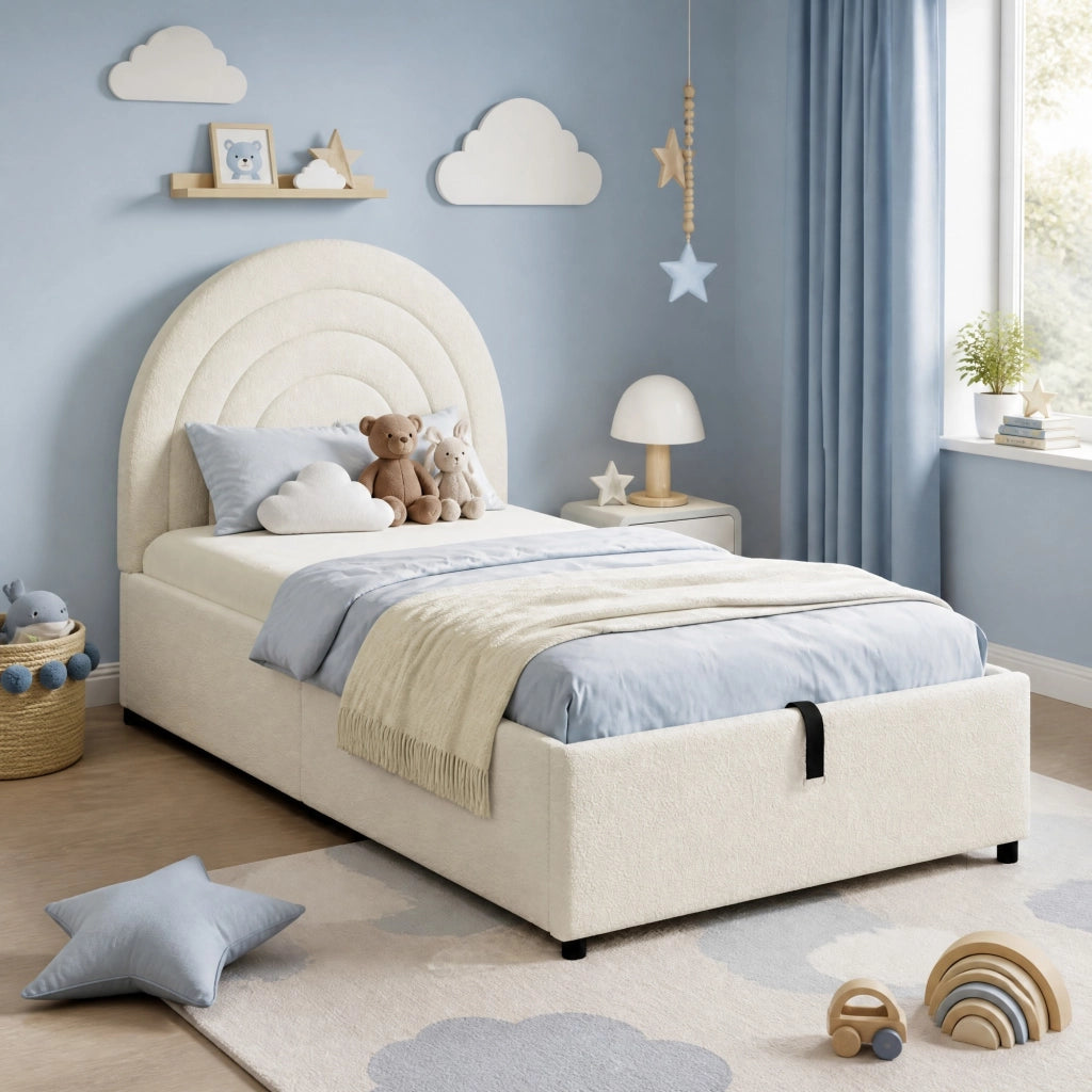 Letto imbottito 90x200 cm in bouclé beige con contenitore idraulico e testiera imbottita