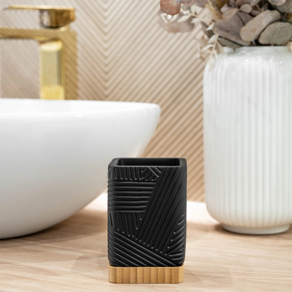 Porta spazzolini da bagno KADAX, organizer quadrato in bambù nero.