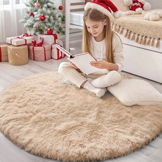 Tappeto Fluffyciclone con Base Antiscivolo e Piatto Riscaldabile per Grande Sala, Camera da Bambini, Camera da Letto - 200 cm Rond, Beige