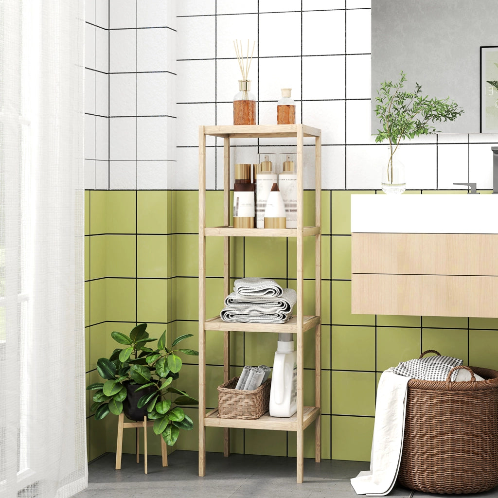 Mobile Bagno Moderno a 4 Livelli Antiribaltamento in Bamb¨´, 33x31x110 cm, color Legno