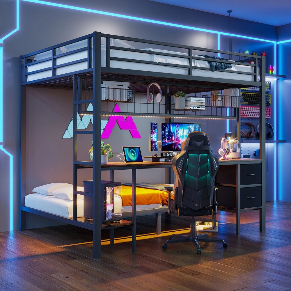 Letto a Soppalco con Scrivania e LED ¨C MINIMAL ¨C Nero 90x200/140x200 con Cassetti