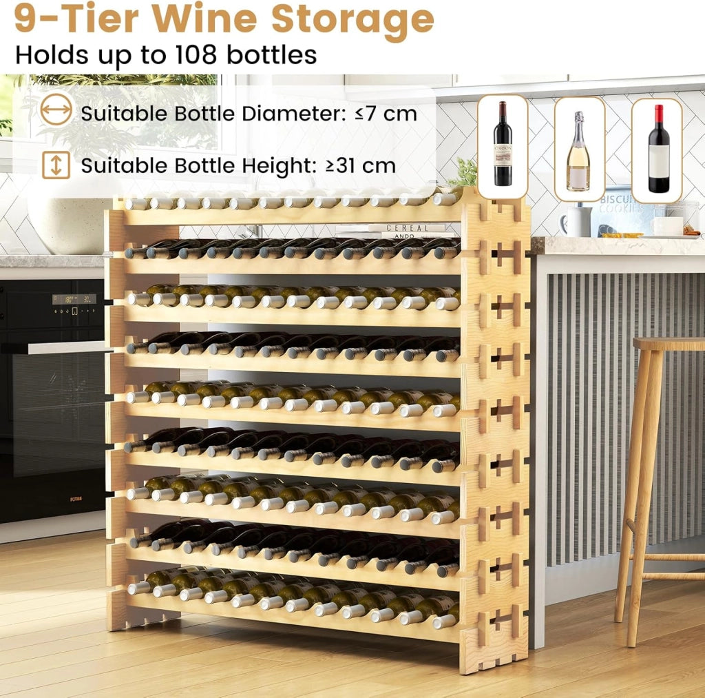Cantinetta per vini impilabile in legno, portabottiglie per 108 bottiglie, armadietto per vini con 9 livelli, supporto per bottiglie modulare per cucina e bar, scaffale in legno 120 x 29 x 118