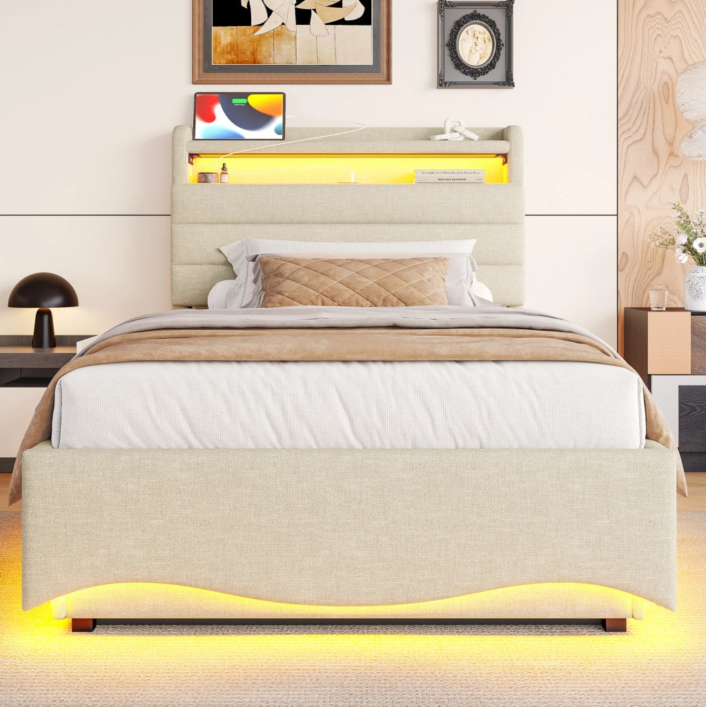 Letto imbottito 90x200 cm con LED; contenitore idraulico e porte USB in lino beige