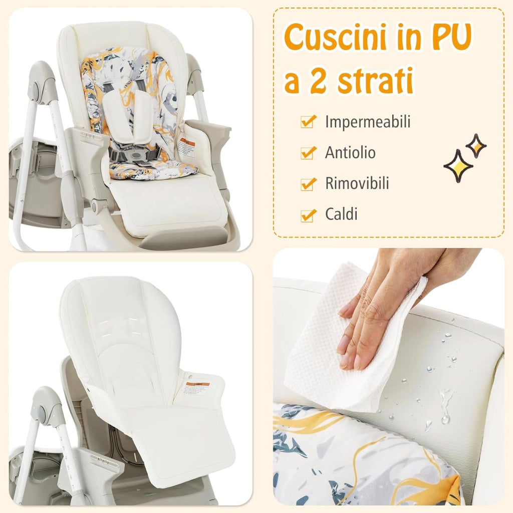 Seggiolone Pappa per Bambini e Neonati, Seggiolone Pieghevole Multifunzione con Ruote, Altezza Regolabile, Poggiapiedi e Schienale, Vassoio Rimovibile, per 6-36 Mesi (Bianco)