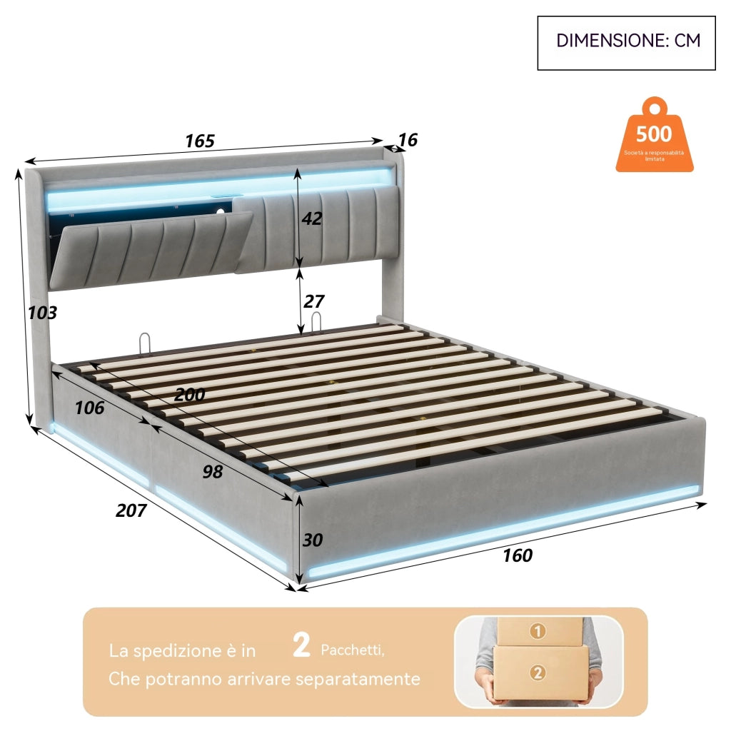Letto matrimoniale 160x200 con contenitore; letto matrimoniale contenitore con testiera LED; struttura letto matrimoniale imbottita in velluto grigio
