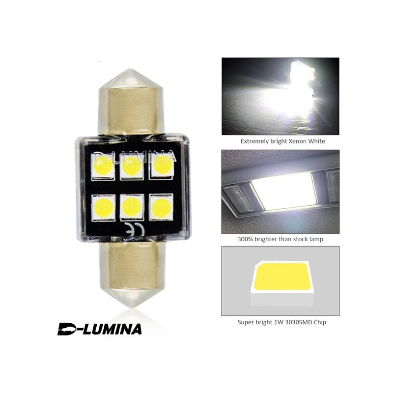 4 Lampade LED T11 Canbus 31mm 12V 2W con 6 SMD 3030 Bianco 6000K No Polarità