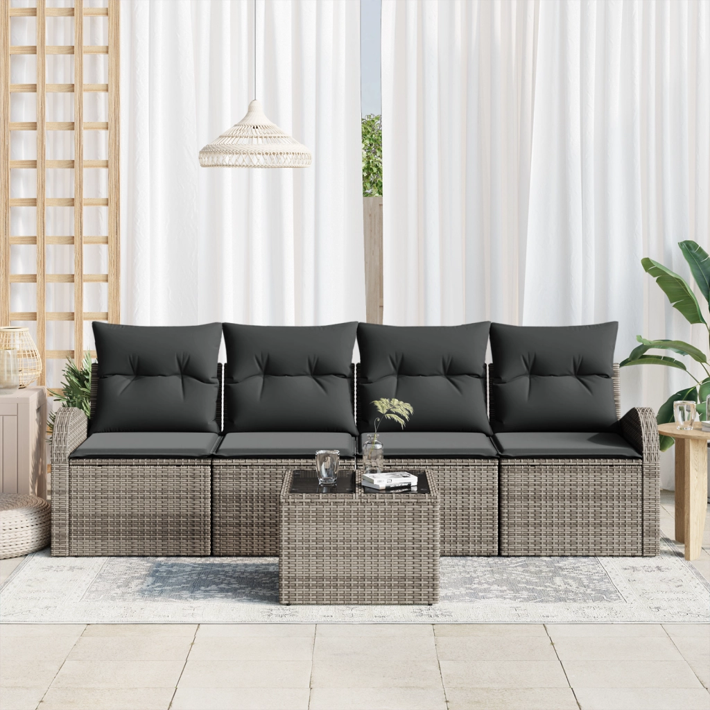 Set di divani da giardino da 5 pezzi con cuscini grigi in rattan sintetico