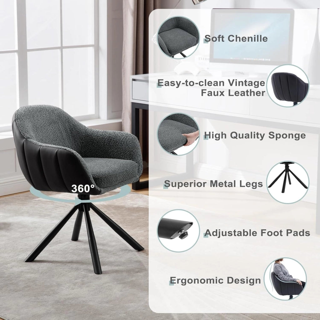 1x Sedia Sala da Pranzo Girevole, Sedia da Cucina con Braccioli e Schienale, Poltroncina per Ufficio, Camera da Letto, Gambe in Metallo, Ciniglia+Ecopelle, Grigio Scuro+Antracite, EZS04dgr-1