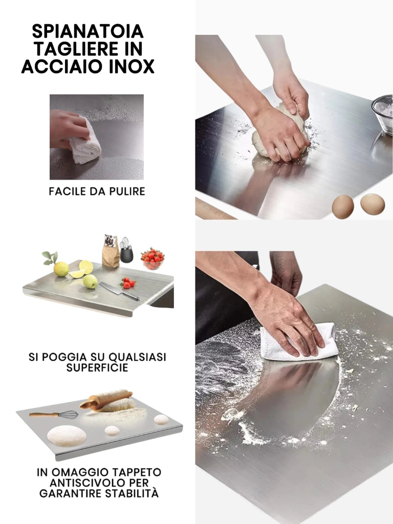 Spianatoia Tagliere in Acciaio Inox 304 per Impastare, con Tappeto Antiscivolo Omaggio 90x48 cm