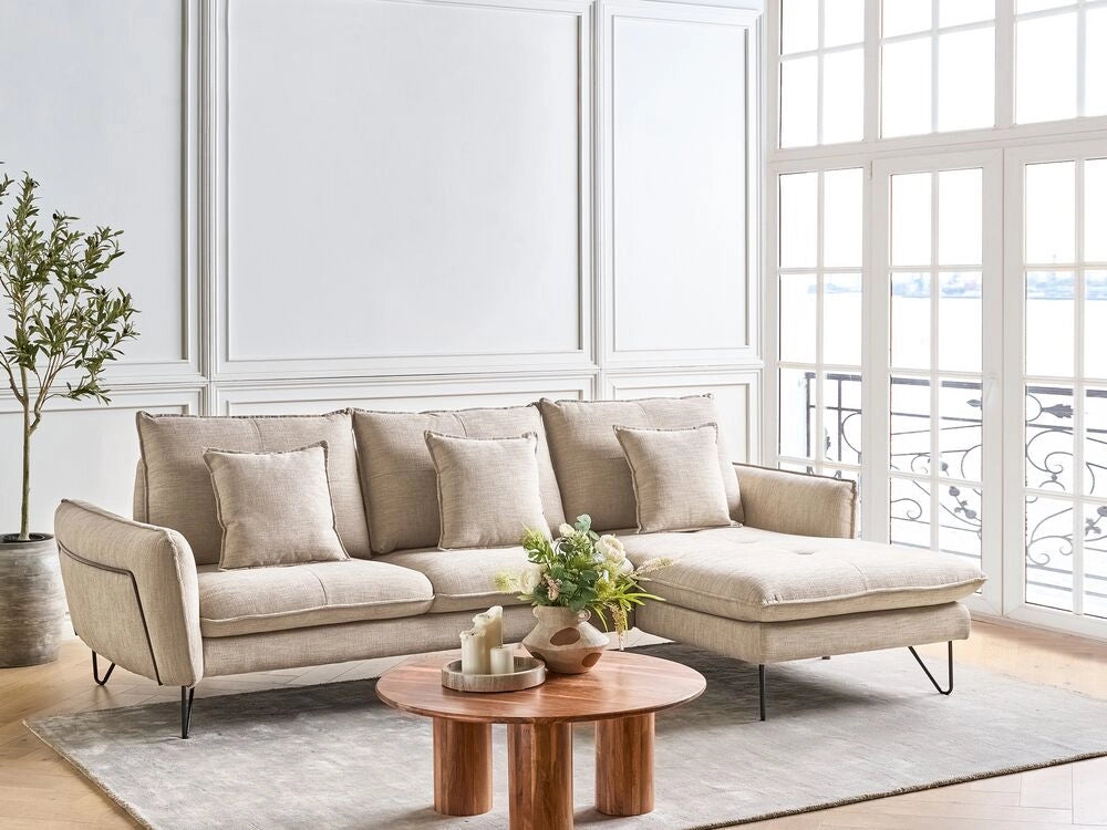 Divano 3 posti angolare regolabile lato sinistro in tessuto beige stile moderno design classico