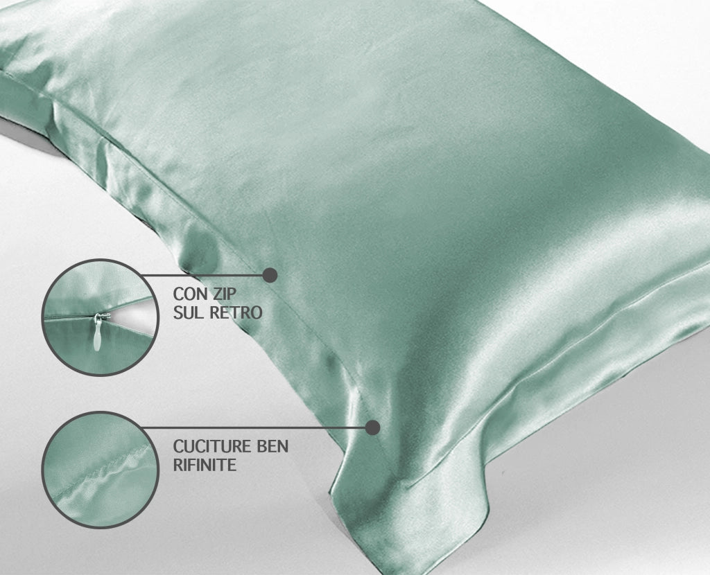 Federa 100% Seta Di Gelso 50x80Cm Certificate OekoTex Chiusura Zip Con Volant da 5 Cm Retro In Tencel Di Eucalipto Anticrespo Anti-Age Rigenerante Cromoterapia  - Acqua