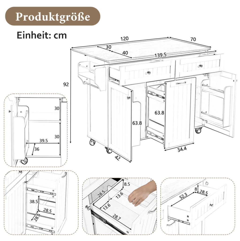 Isola da cucina mobile con piano estraibile e pieghevole; MDF; nero e naturale