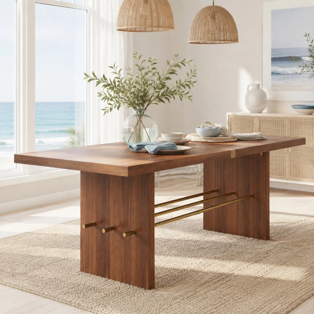 Tavolo da pranzo 6 posti con piano da 4 cm e traversa - in MDF - 180×75×75 cm - noce