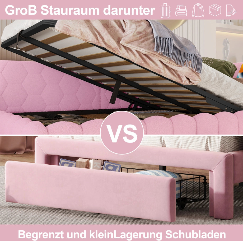 Letto da giorno 140x200 cm rosa con LED, USB e vano contenitore