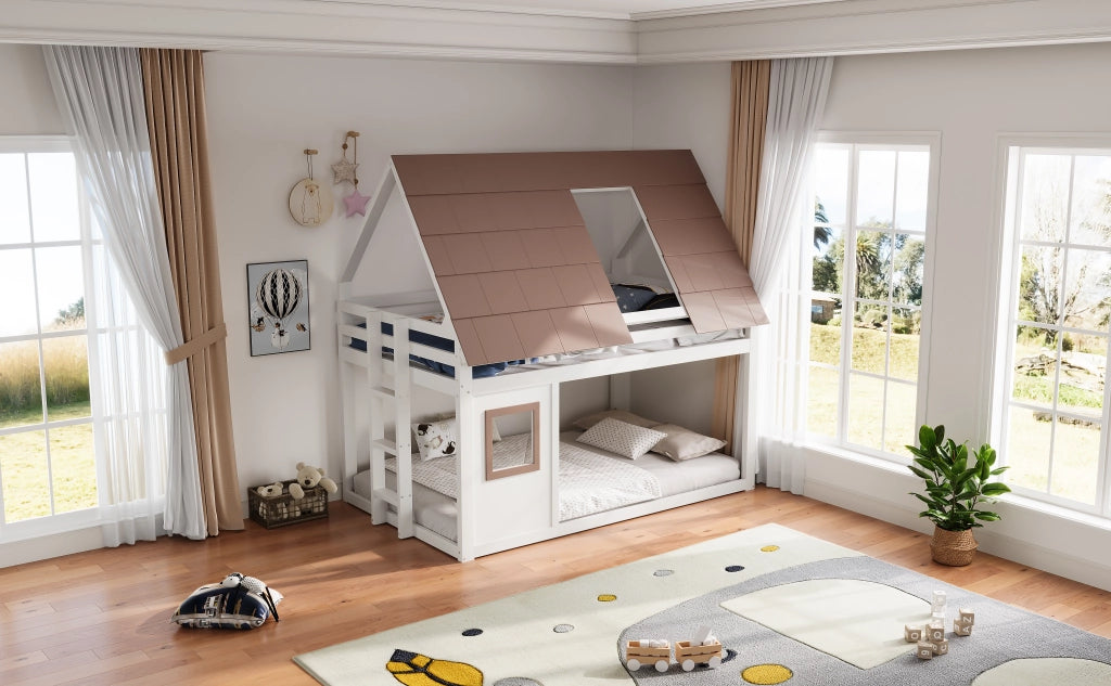 DESMIU Letto a castello 140 × 200 cm 2 posti con tetto, scala e sponda, senza materasso, bianco e marrone