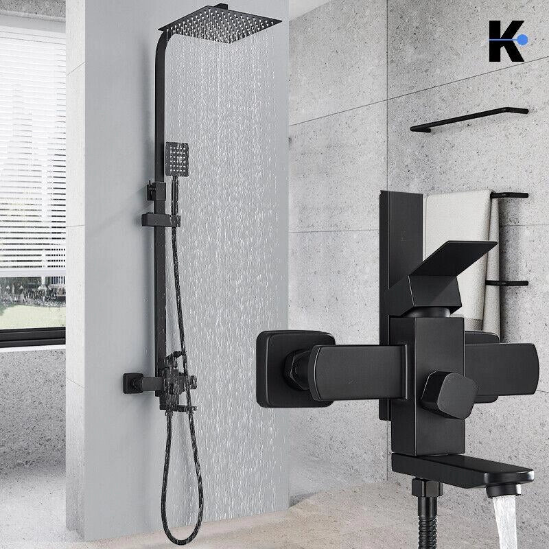 LANA | Set doccia a pioggia premium in acciaio inox nero opaco | Sistema doccia con miscelatore di design | Miscelatore doccia completo di doccetta
