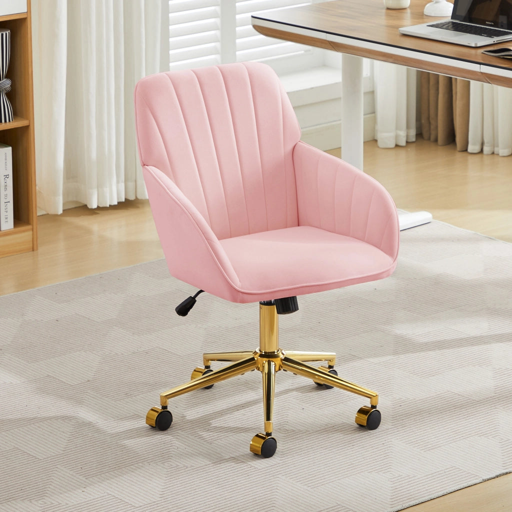 Sedia da ufficio girevole con altezza regolabile, schienale ergonomico e ruote a 360° per casa e studio, in velluto rosa