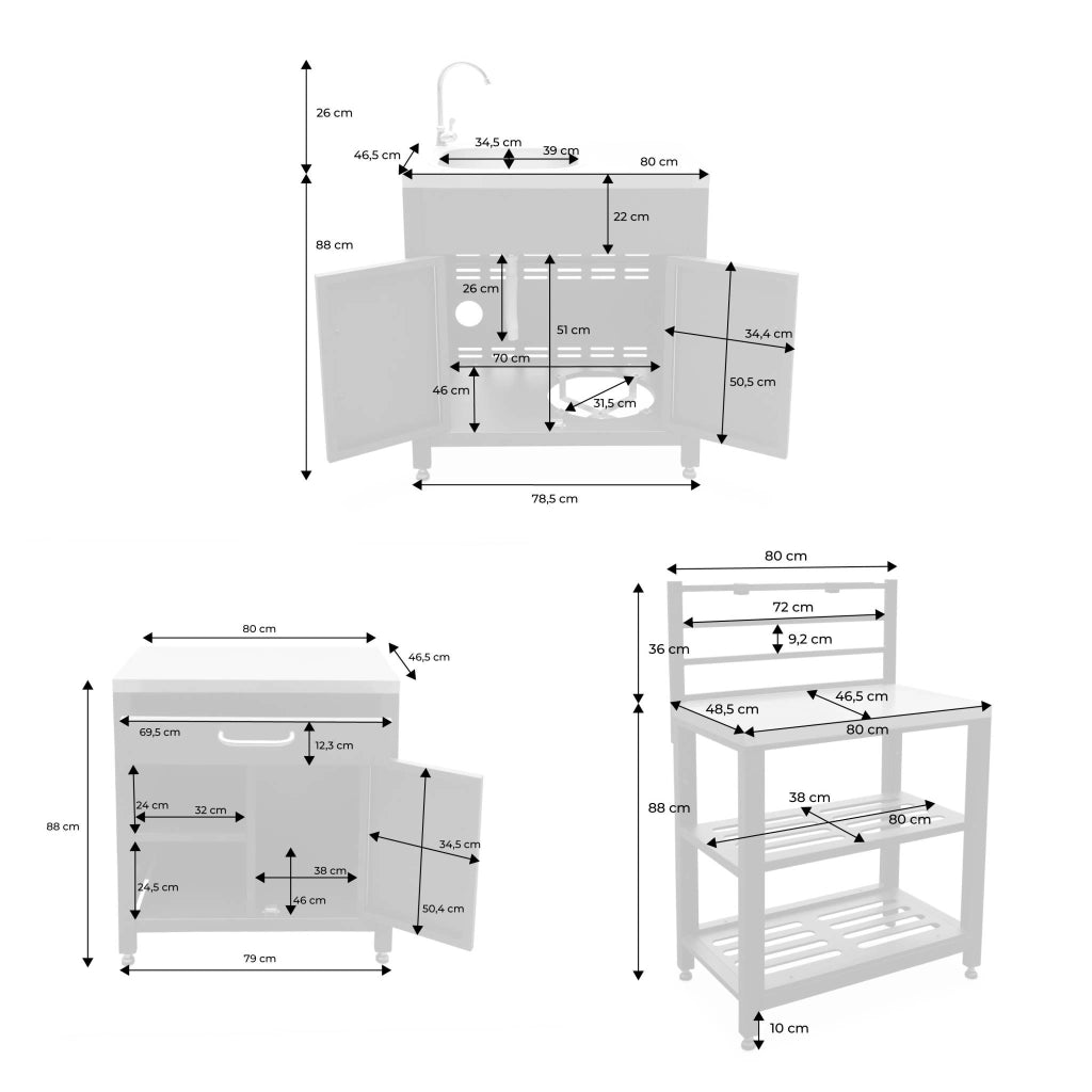 Mobili per cucina da esterno, in acciaio inox, 6 moduli, nero