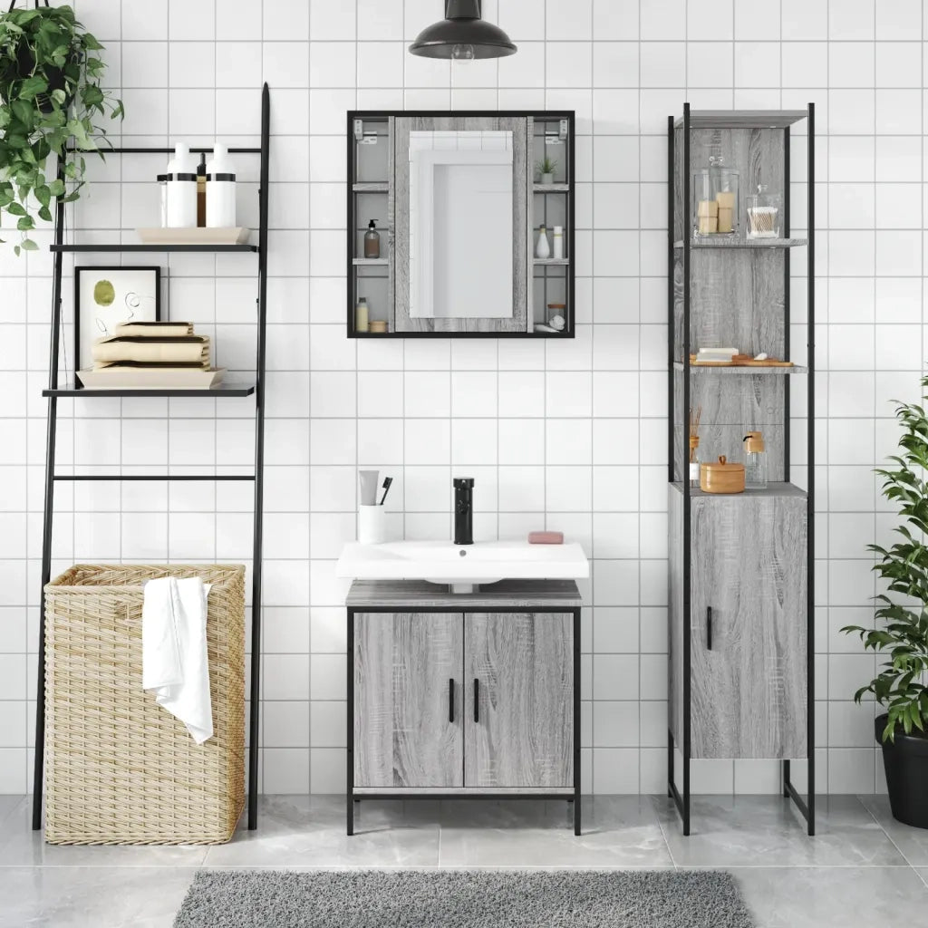 Set Mobili da Bagno | Armadio da bagno 3 pz Grigio Sonoma in Legno Multistrato