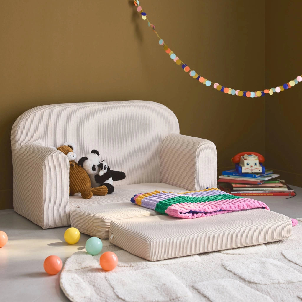 Divano letto per bambini in velluto a coste, crema