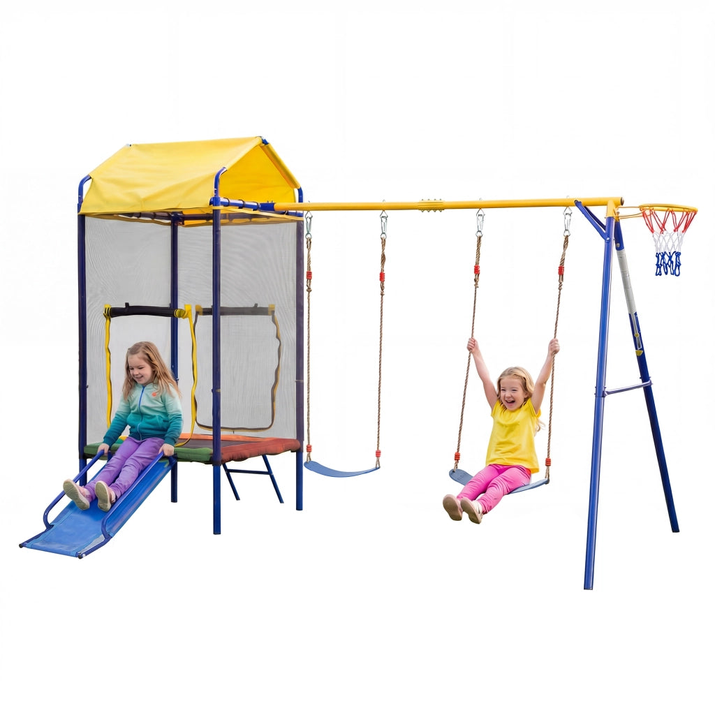 Parco Giochi da Esterno 4 in 1 336x217x238 cm con Trampolino; Altalene; Scivolo e Canestro