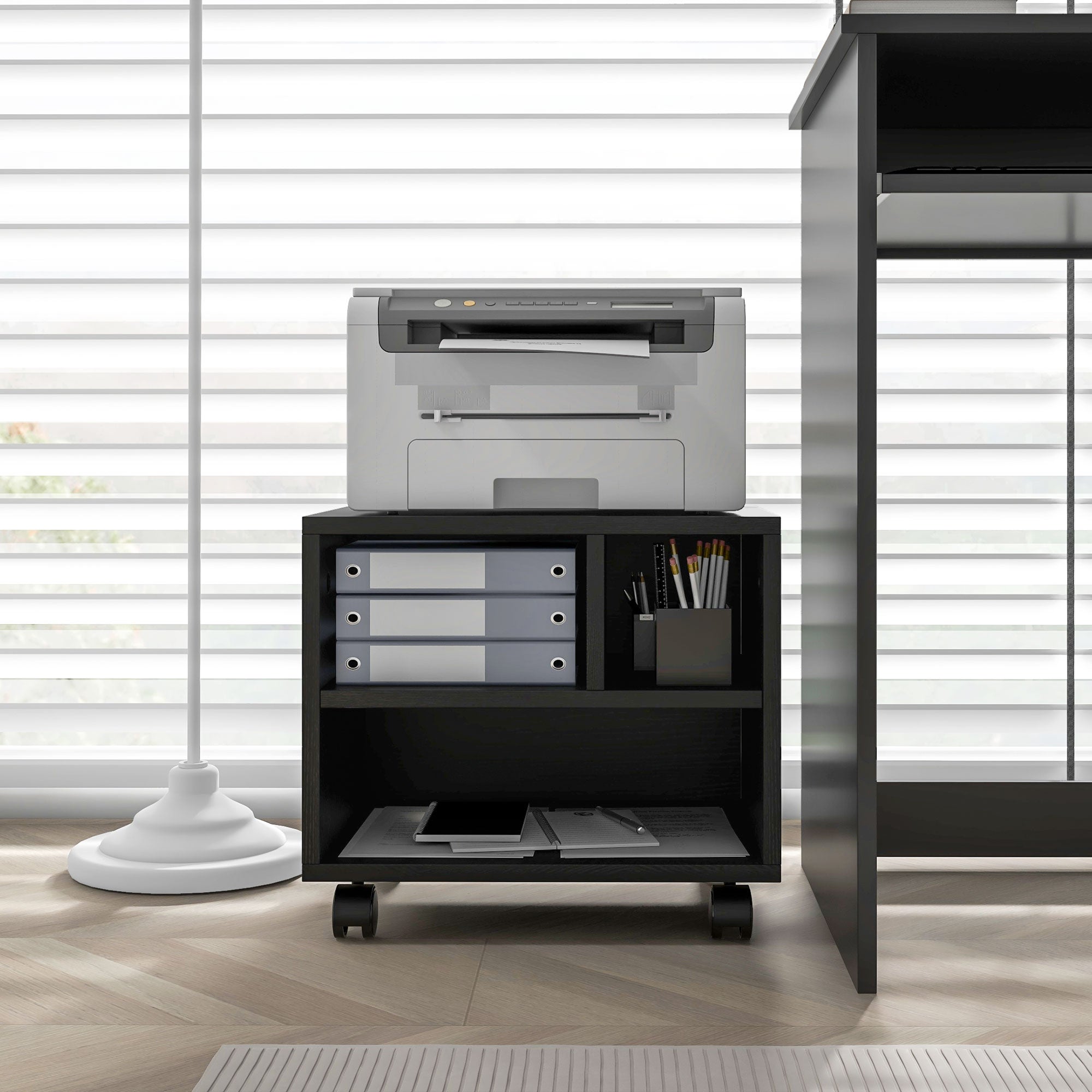 Mobile Porta Stampante a 2 Livelli con 3 Scomparti e Ruote per Ufficio e Studio 40x30x36 cm in Truciolato Nero