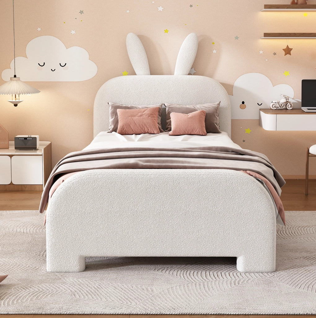 Letto singolo imbottito a coniglio 90x200 cm con 2 cassetti