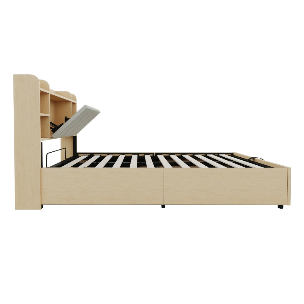 DESMIU Letto matrimoniale 140 × 200 cm 2 posti con contenitore idraulico, USB e Type-C, senza materasso, in MDF, naturale