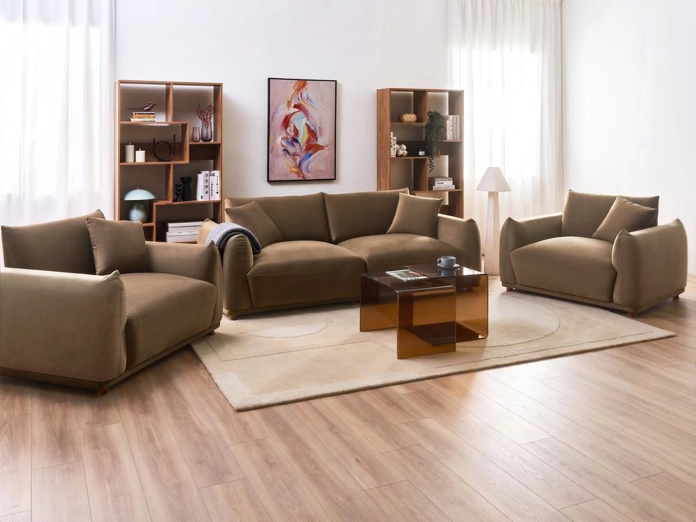 Set divano moderno a 5 posti in velluto con cuscini decorativi e poltrone con gambe in legno marrone stile moderno