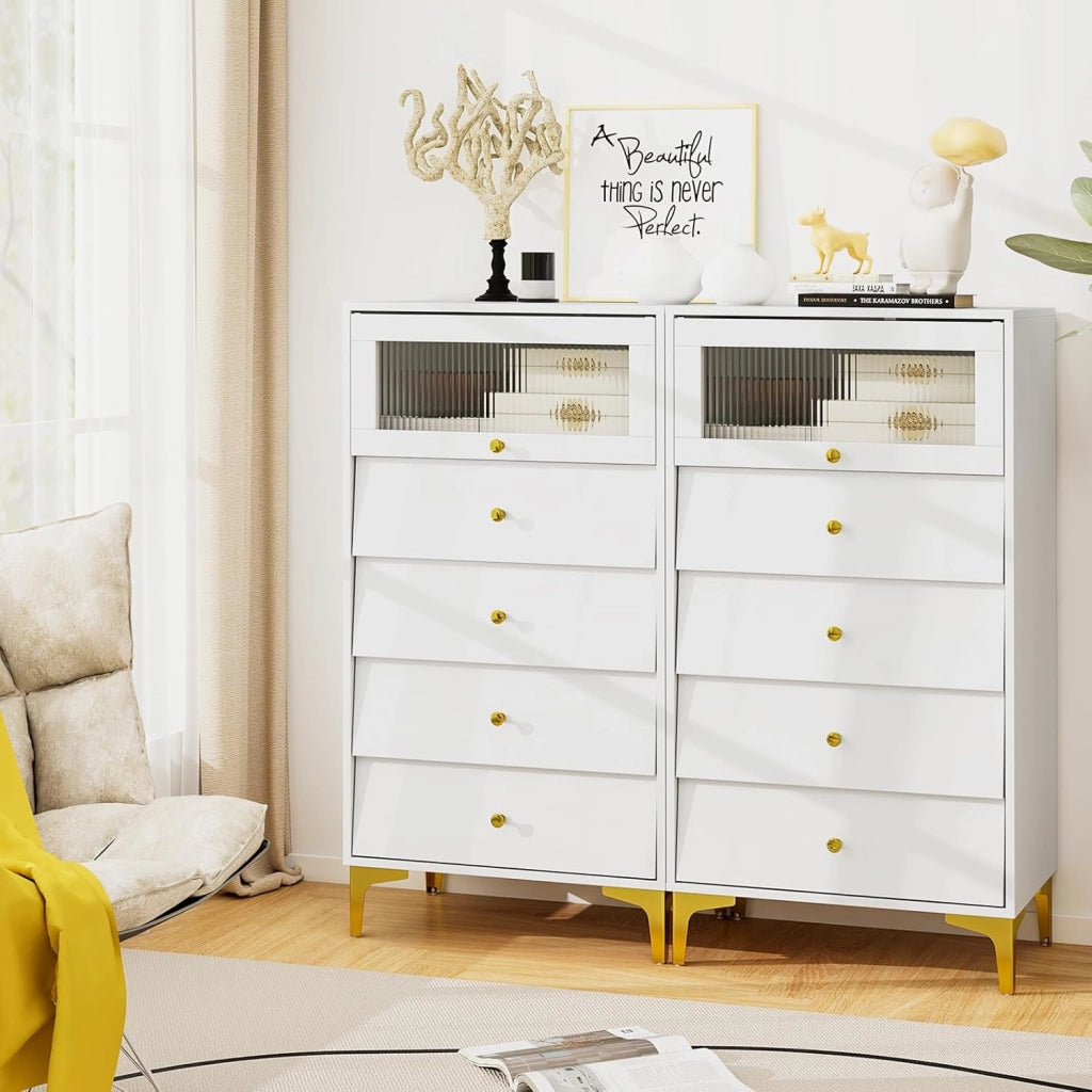 Cassettiera Bianca in Legno, Comò Camera da Letto Moderno con Porta in Vetro e Gambe in Metallo, Mobiletto Cucina con Cassetti Scorrevoli, per Studio, Ingresso, Bianco (Con 4 Cassetti)