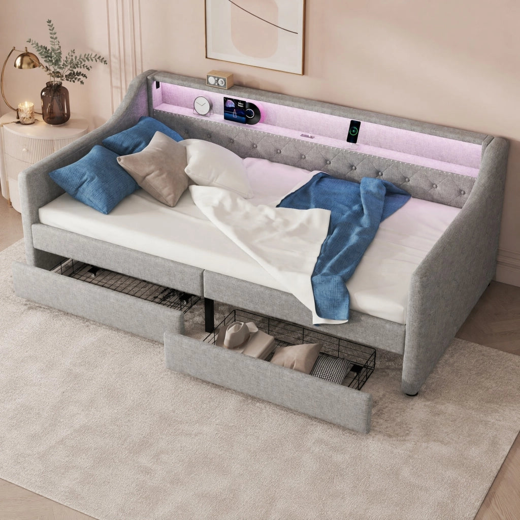LETTO Giorno 90x200 cm in lino e MDF grigio con LED, USB e 2 cassetti