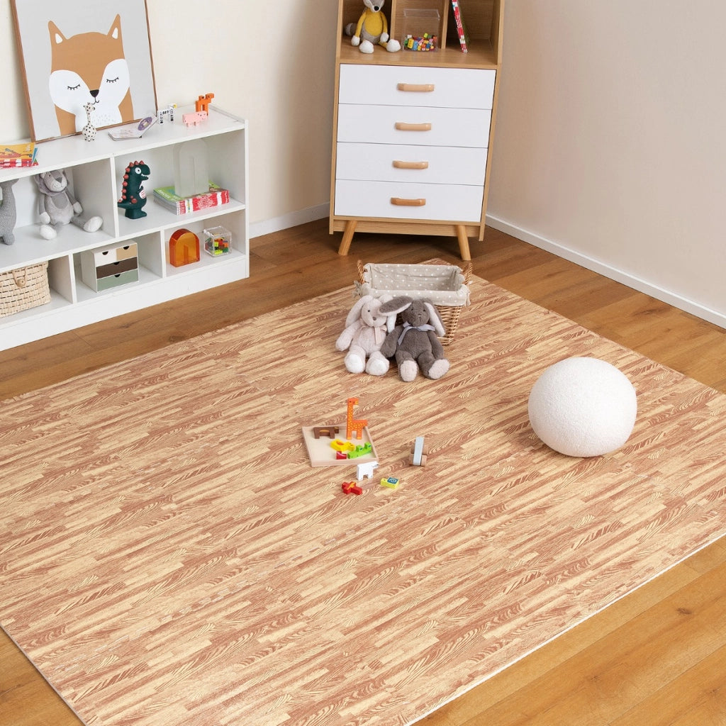 Tappeto puzzle effetto legno in schiuma EVA 61x61cm, Tappetini a incastro con bordi perimetrali copertura 4,5 M2-Tappetini da gioco