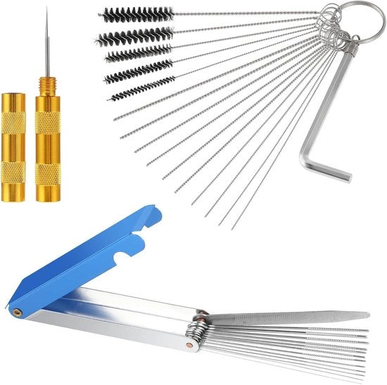 Set di pulizia carburatore per accendino 13 - Set di pulizia con 13 fili di pulizia, 10 aghi di pulizia, 5 setole in nylon, strumento a punta, chiave a gas e pulitore di lastre di accensione