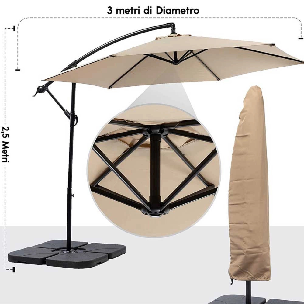 Trade Shop - Ombrellone Giardino Decentrato 3x3 Con Pendente Palo Alluminio Gazebo Antivento -