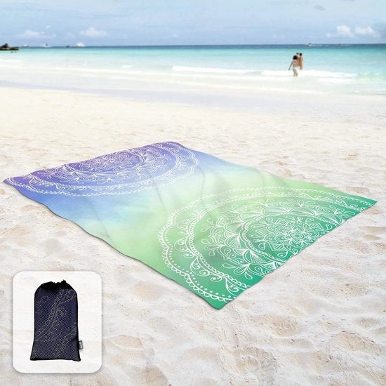 Zaino da spiaggia morbido con tasche angolare - Tappeto di sabbia resistente 270 x 205 cm - Sacchi di sabbia per feste di spiaggia, viaggi, campeggio e festival di musica - Blu viola azzurro mare mandala