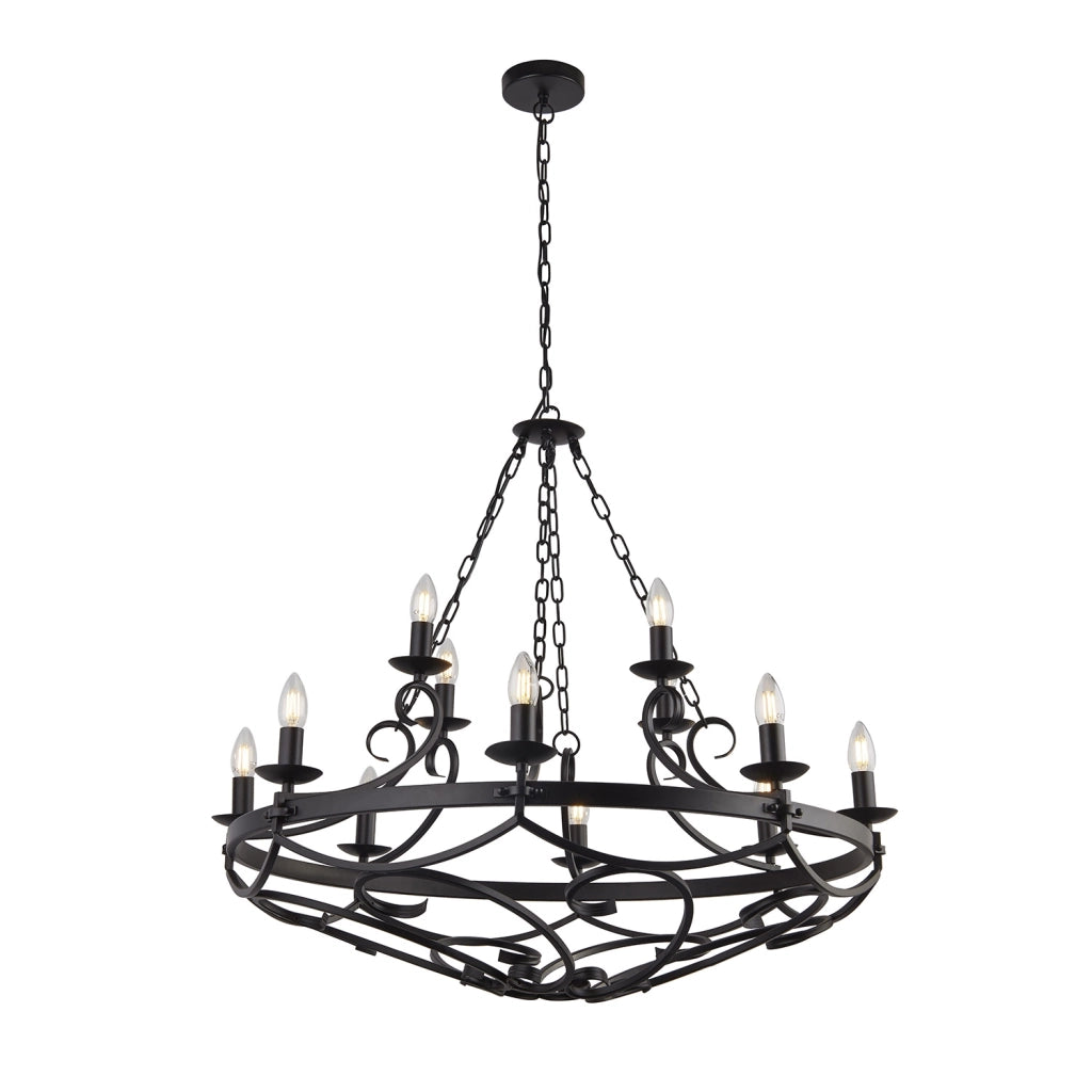 Lampadario Rustico-Country Cartwheel Iii Acciaio Nero 12 Luci E14