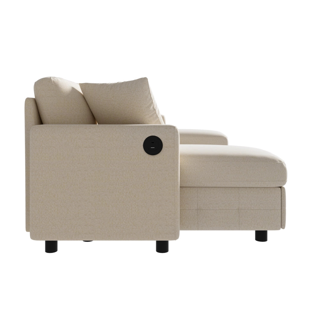Divano letto a U in chenille beige con funzione estraibile, 2 chaise longue contenitore, USB e Type-C, 260¡Á128¡Á82 cm