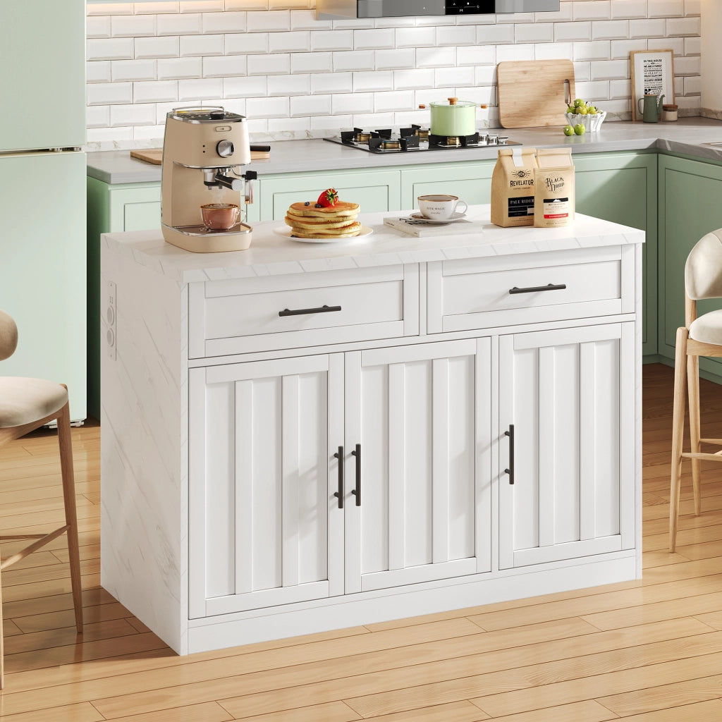 Isola da Cucina Fissa 120x60x91 cm Bianca Effetto Marmo con 2 Prese, 2 USB, 2 Cassetti e Zona Bar