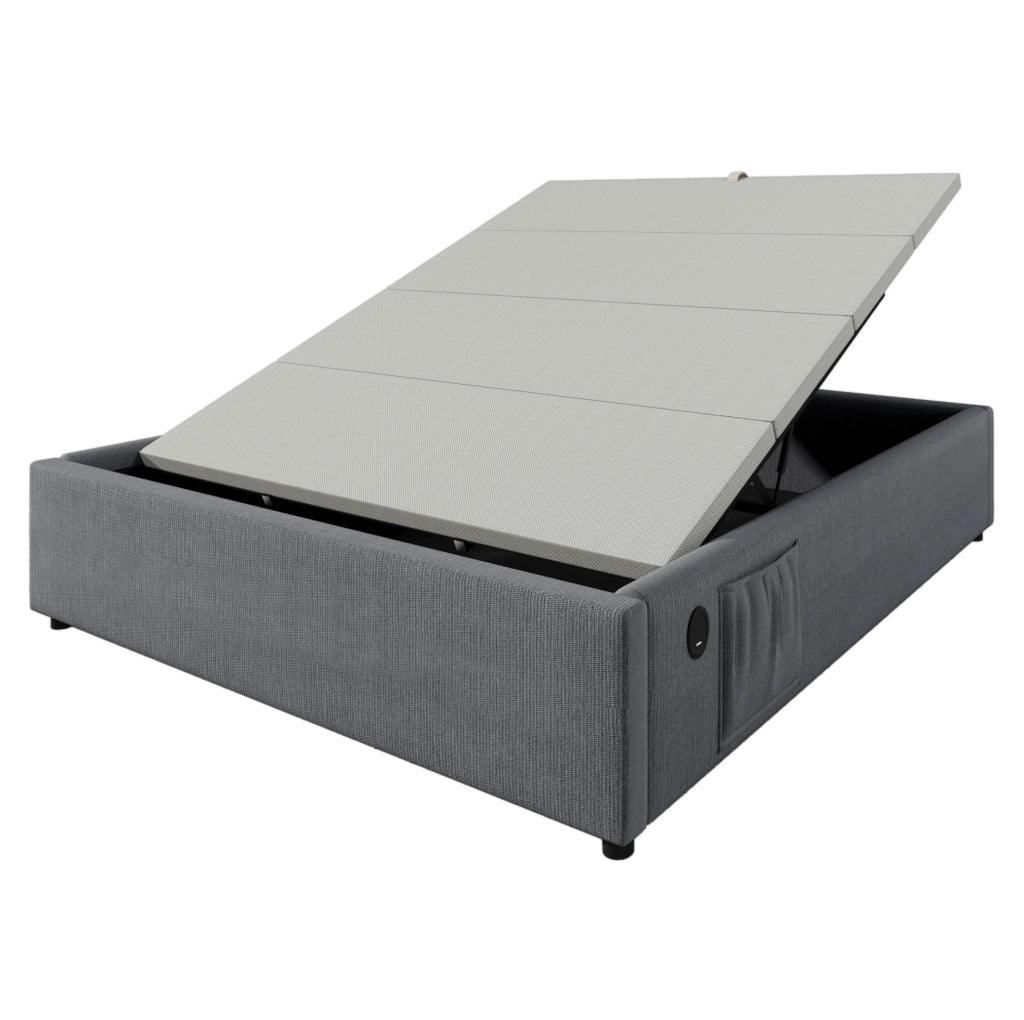 Letto matrimoniale ULEVR 160x200 cm con contenitore idraulico, USB e Type-C, senza testiera, grigio