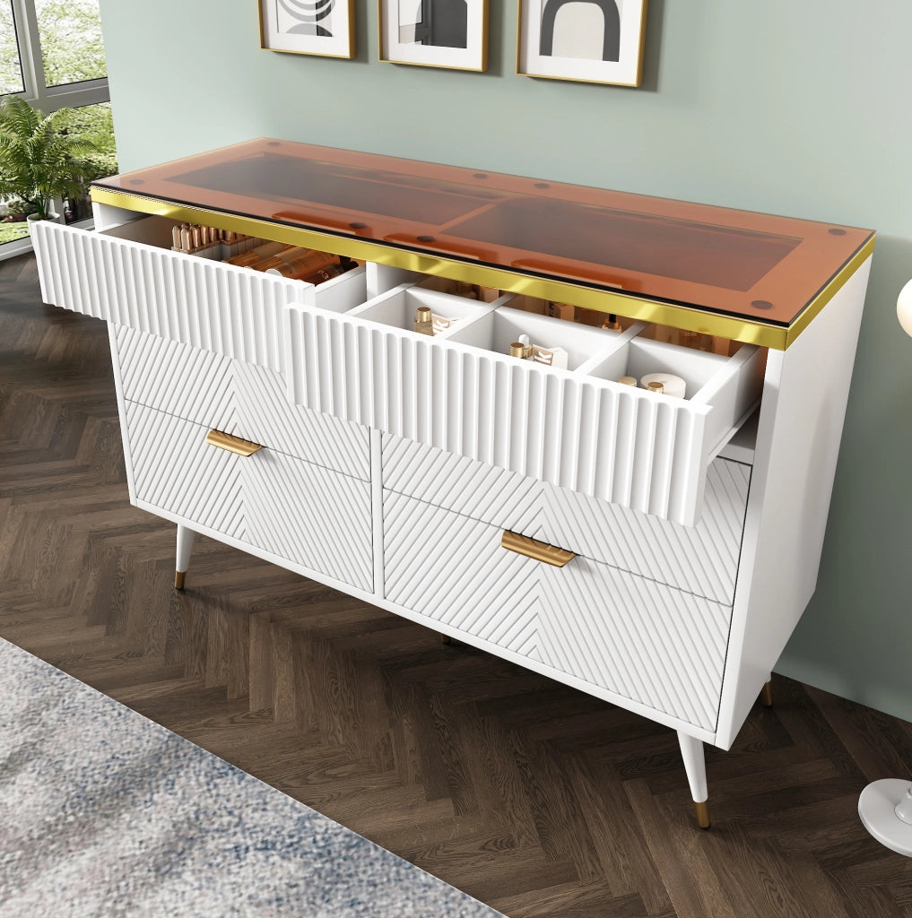 Cassettiera 120x40x76 cm con 6 cassetti; vetro marrone e bianco
