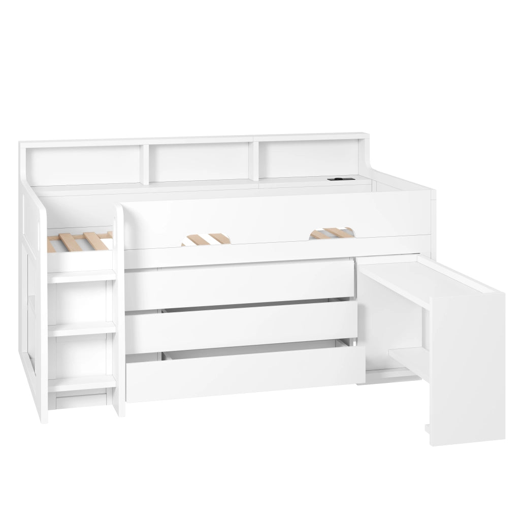 Letto a Soppalco 90x200 cm con 3 Cassetti; Scrivania Mobile; LED e Mensole Laterali