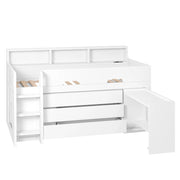 Letto a Soppalco 90x200 cm con 3 Cassetti; Scrivania Mobile; LED e Mensole Laterali