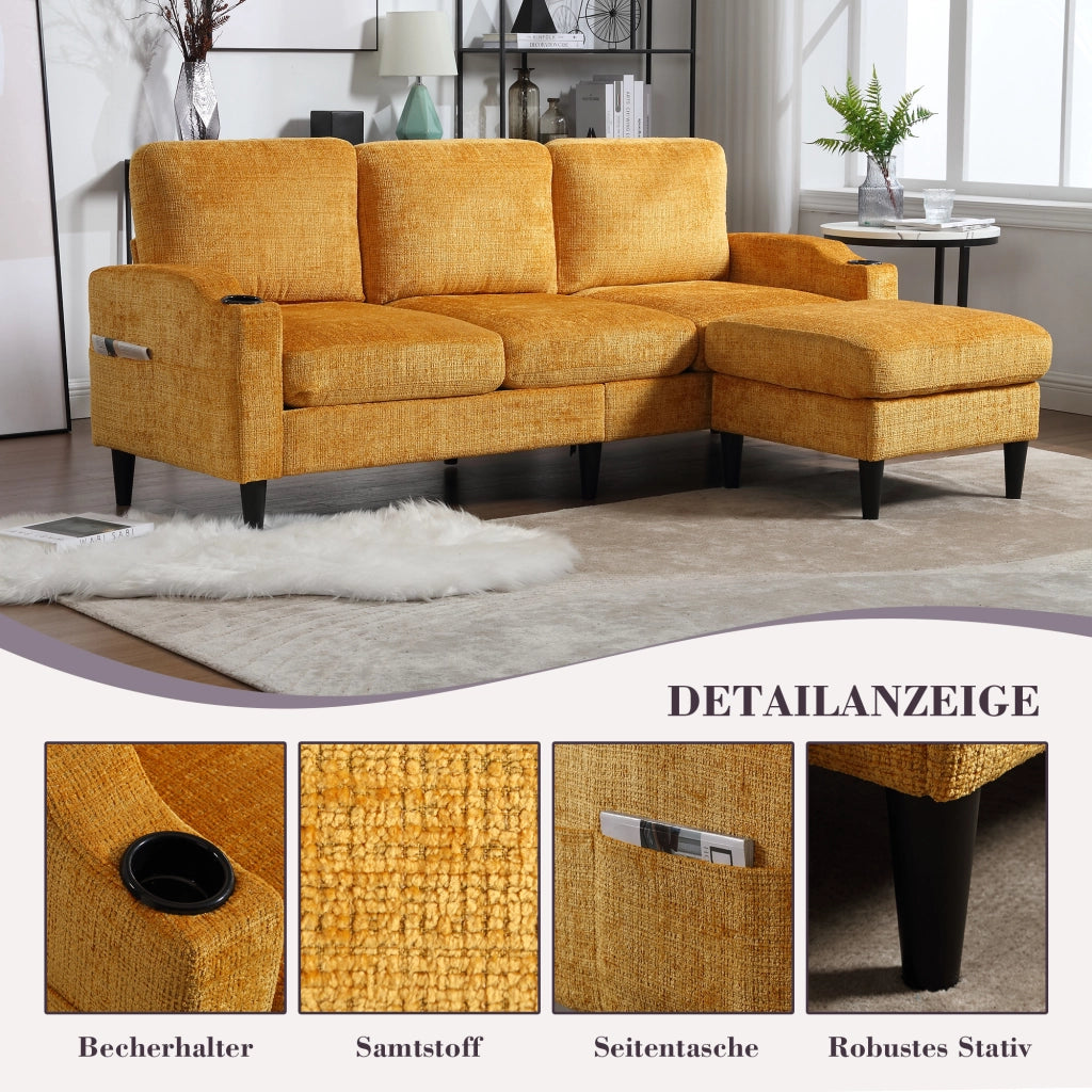 Divano a 4 Posti con Pouf Contenitore; Portabicchieri e Tasche Laterali; in Ciniglia Gialla; 196;5 x 75 x 77 cm