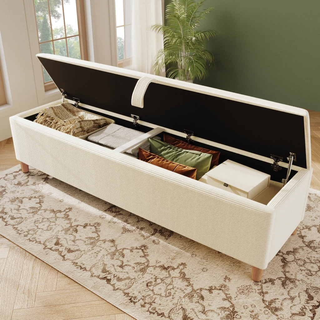 Panca Fondoletto Contenitore con Sollevamento Idraulico e Seduta Imbottita; Vano Capiente; Piedini in Legno; in Velluto a Coste Beige