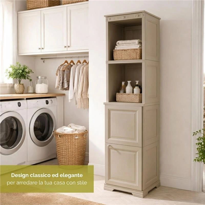 MOBILE BAGNO SALVASPAZIO 4 MODULI TAUPE 40X43X164 CM CON ANTA EFFETTO LEGNO E RIPIANI A VISTA – MOBILE CONTENITORE VERTICALE PER ARREDO BAGNO